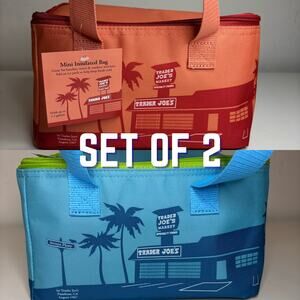 Set of 2, Trader Joe’s Mini Insulated Cooler Tote Bags — Sea Blue + Peach Orange